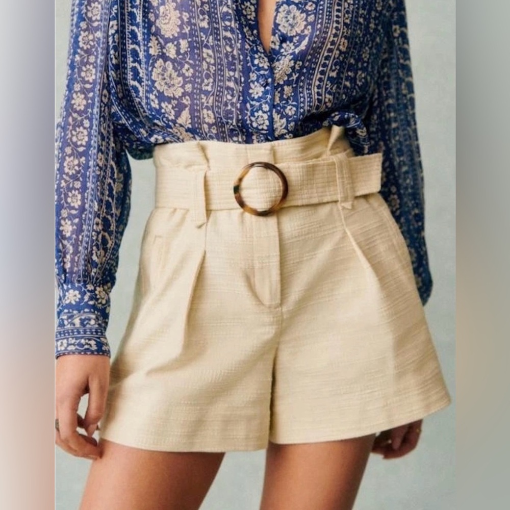 Sezane Rome Shorts High-Waist Cream Belted Shorts Size 6 (38)